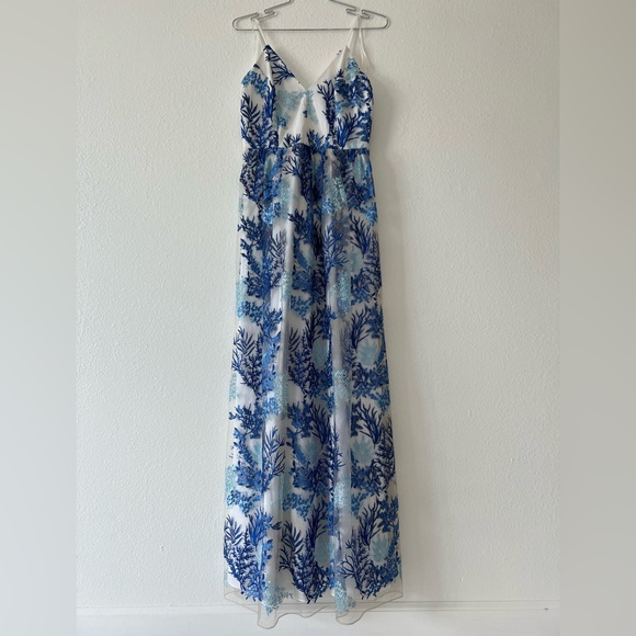 Nicole Miller Dresses & Skirts - Nicole Miller White with Blue Floral Embroidered Sheer Overlay Maxi Dress